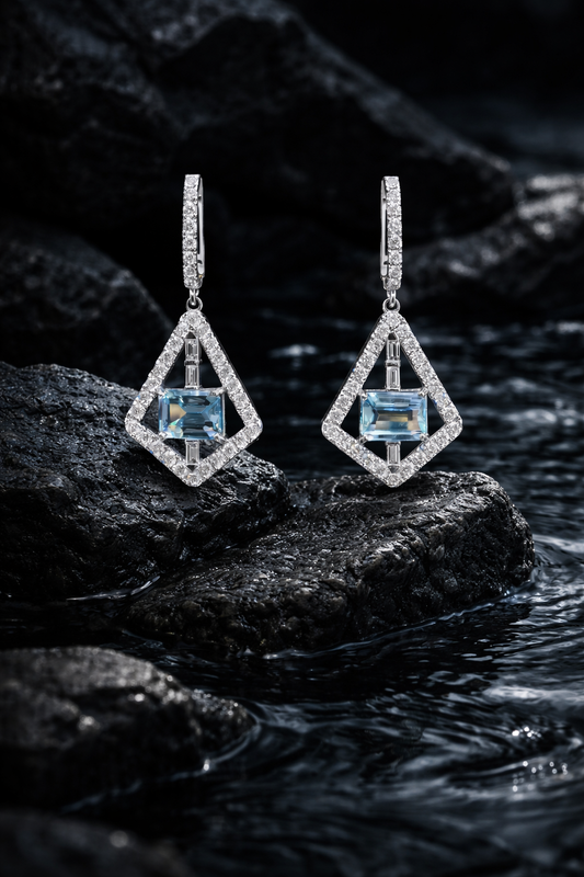 14k yellow gold aquamarine diamond geometric drop earrings with baguette diamonds luxury Houston fine jewelry