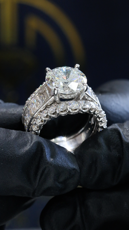 Round-Cut Lab-Grown Diamond Engagement Ring with Baguette & Round Accents in White Gold | Prong-Set Design