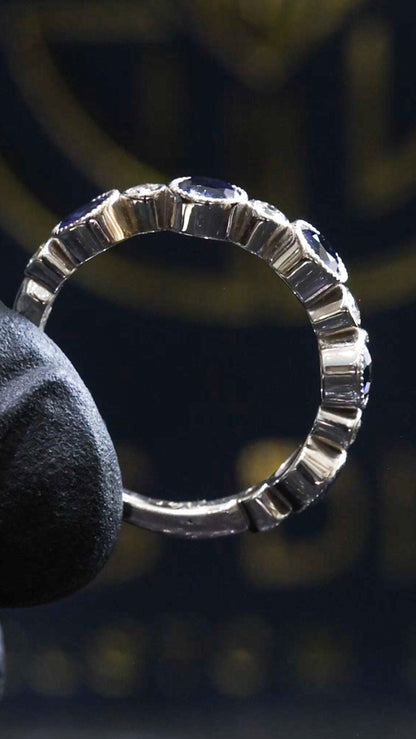 Bezel-Set Blue Sapphire & Diamond Half Eternity Band 14k White Gold| 1.45 CTW