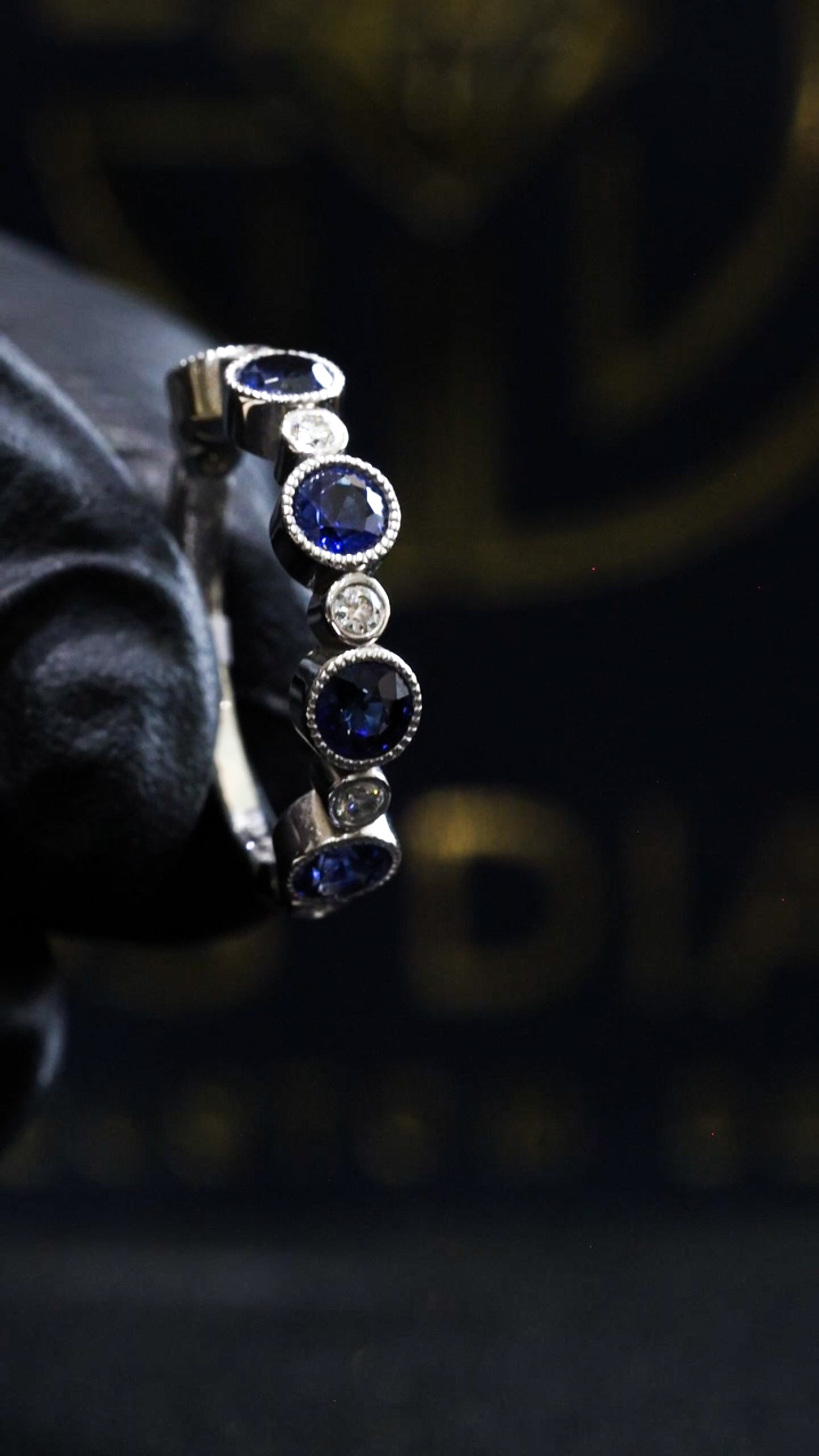 Bezel-Set Blue Sapphire & Diamond Half Eternity Band 14k White Gold| 1.45 CTW