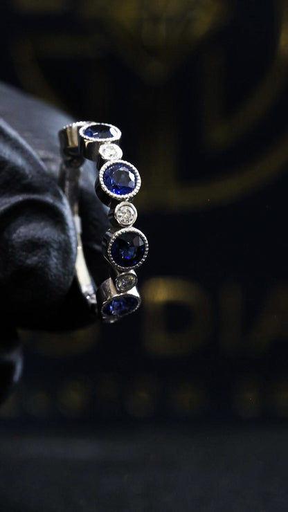 Bezel-Set Blue Sapphire & Diamond Half Eternity Band 14k White Gold| 1.45 CTW
