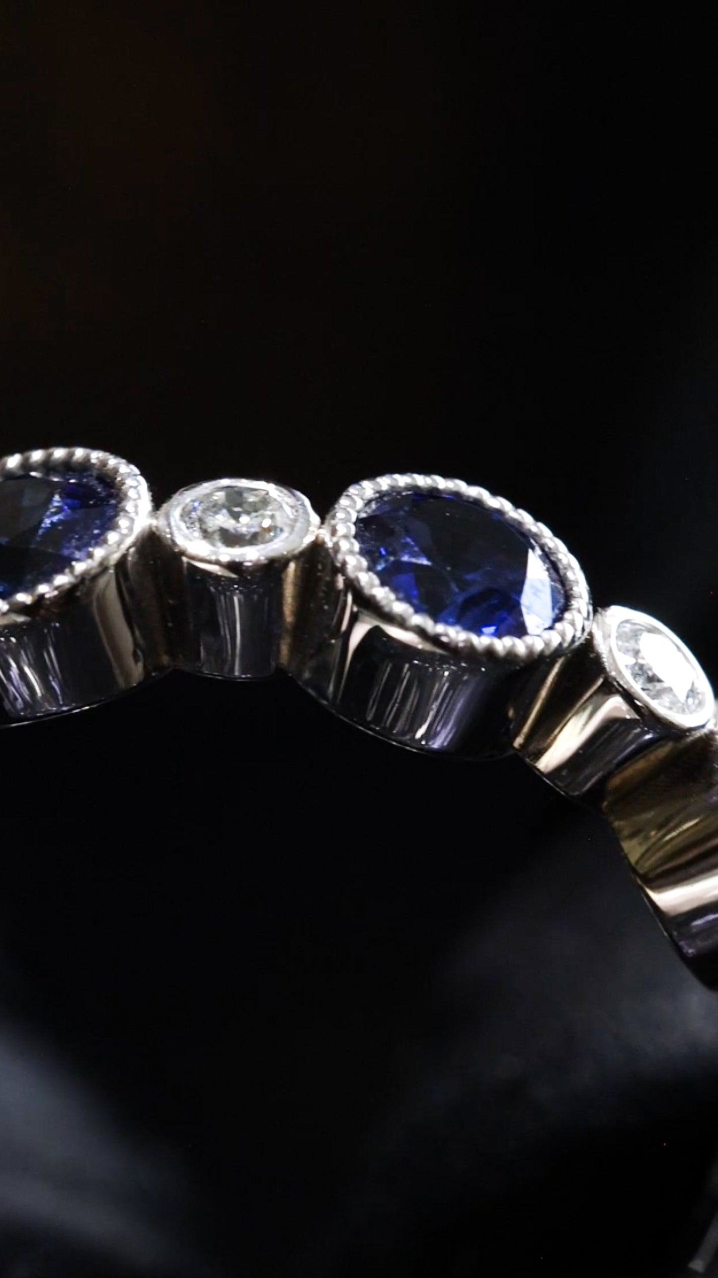 Bezel-Set Blue Sapphire & Diamond Half Eternity Band 14k White Gold| 1.45 CTW