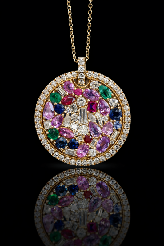 Natural Multi-Gemstone & Diamond Medallion Necklace in 14K Yellow Gold | Mosaic Halo Design