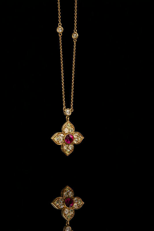 14K yellow gold ruby floral pendant with 0.80 carat fancy yellow diamonds and bezel-set ruby center with diamond station chain