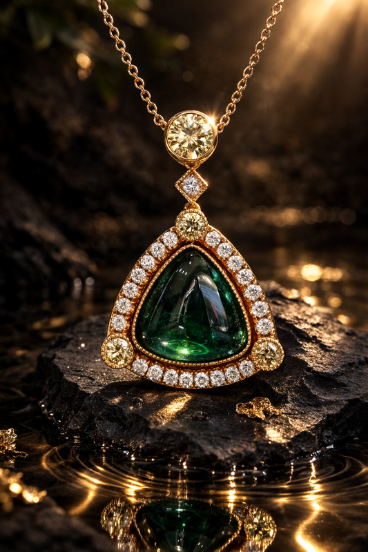 Green Tourmaline Halo Pendant 14K Yellow Gold Vintage Milgrain | 7.7 CT