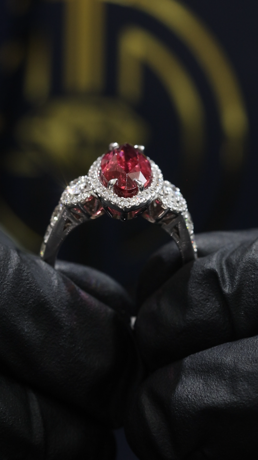 Imperial Marquise Rubellite Ring in White Gold | Diamond Halo & Accent Shoulders