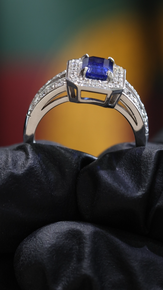 Sapphire & Diamond Halo Ring in White Gold | 2.04 CTW