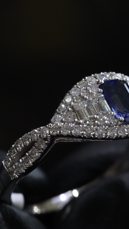 Sapphire & Diamond Halo Ring in White Gold | .60 CT Sapphire + .85 CTW Diamonds