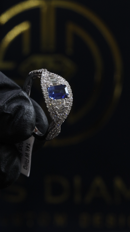 Sapphire & Diamond Halo Ring in White Gold | .60 CT Sapphire + .85 CTW Diamonds