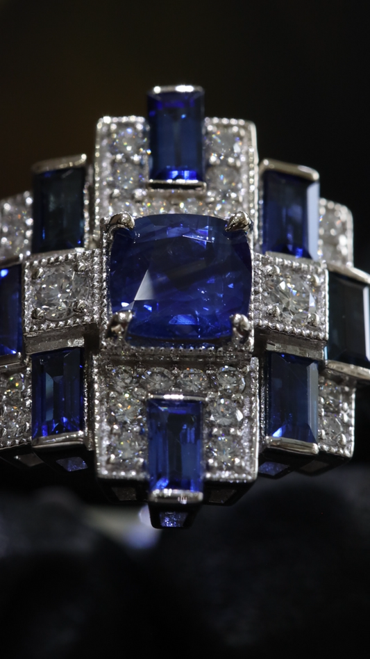 Sapphire & Diamond Multi-Halo Ring in White Gold | 1.20 CT Sapphire + .52 CTW Diamonds