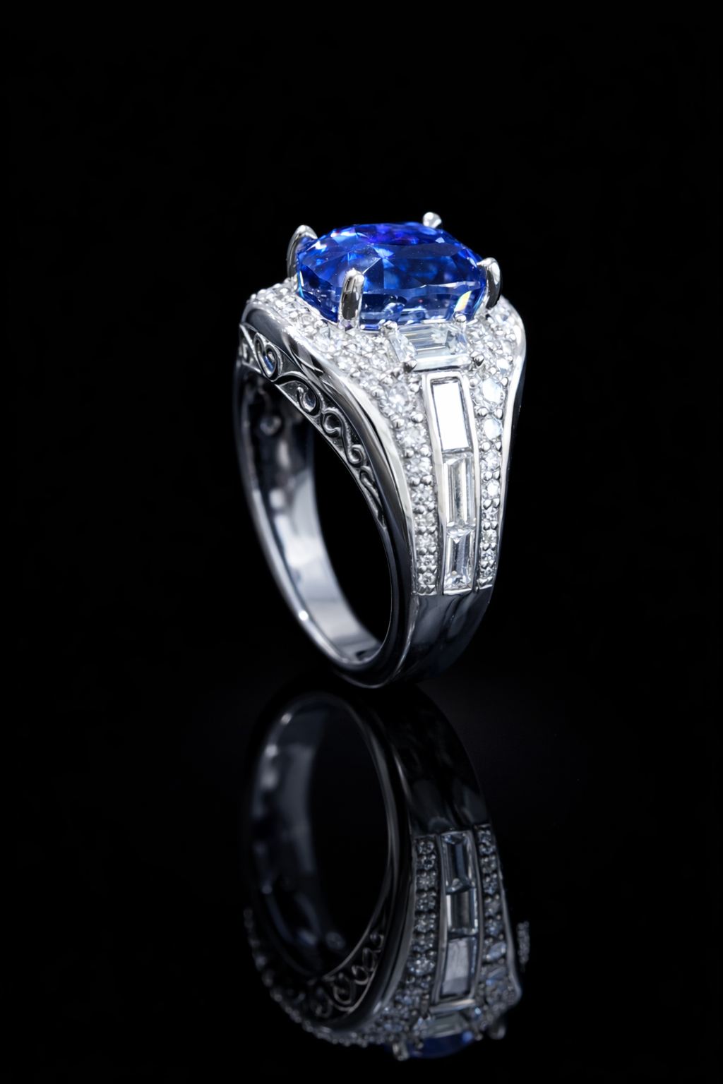 Natural Sapphire Diamond Pavé Three-Stone Ring 14K White Gold | 5.02 CT Houston Jeweler