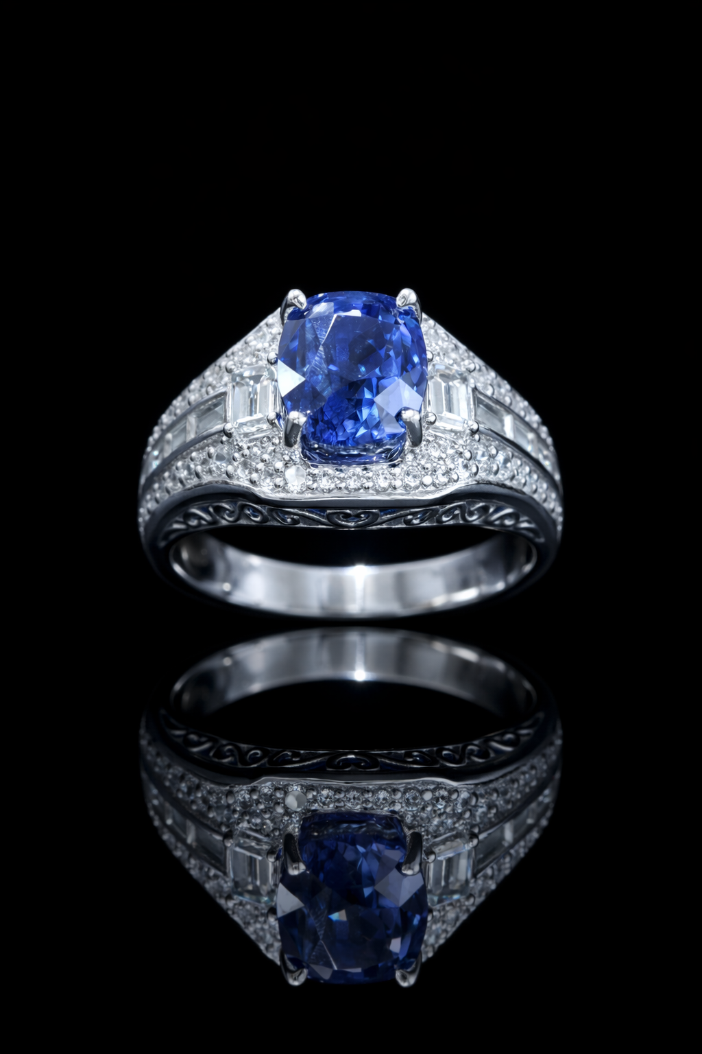 Natural Sapphire Diamond Pavé Three-Stone Ring 14K White Gold | 5.02 CT Houston Jeweler