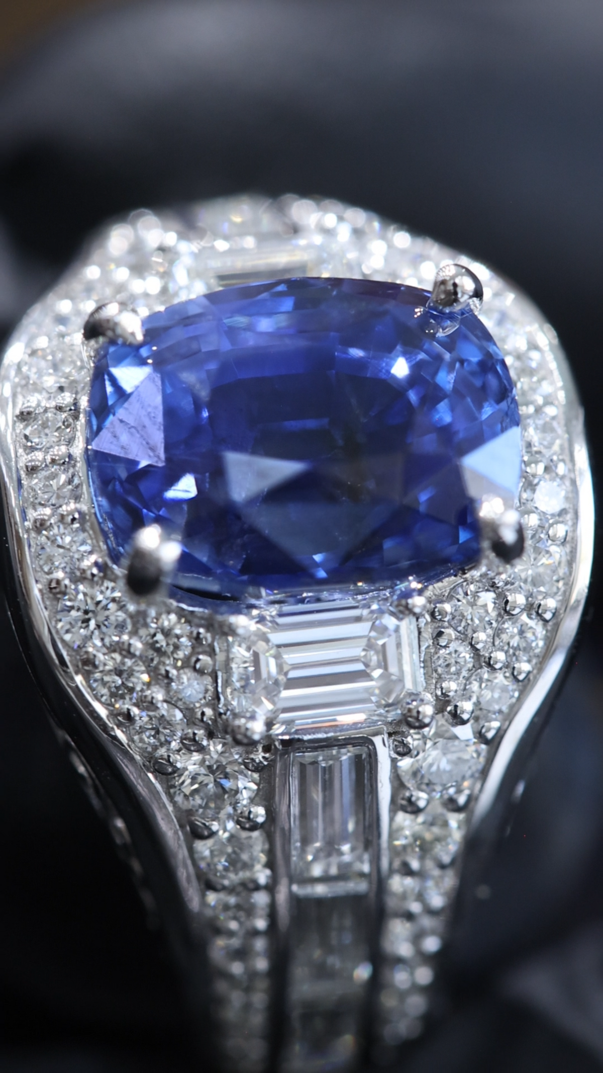 Natural Sapphire Diamond Pavé Three-Stone Ring 14K White Gold | 5.02 CT Houston Jeweler
