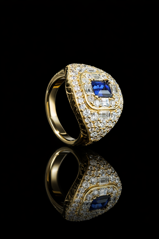 14K yellow gold cushion cut sapphire halo cluster ring with 1.71 carat diamonds Houston TX fine jewelry statement ring