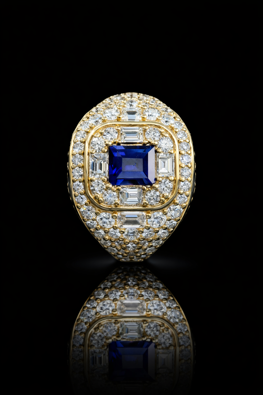 Natural Sapphire Diamond Pavé Signet Ring 14K Yellow Gold | 0.55 CT Houston jeweler