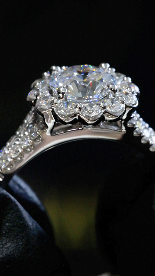 Round-Cut Lab-Grown Diamond Halo Engagement Ring with Pavé Split Shank in White Gold | Prong-Set Design