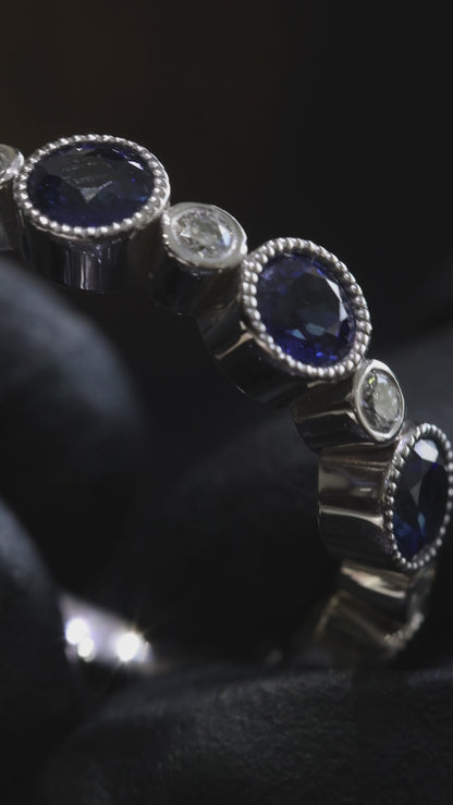 Bezel-Set Blue Sapphire & Diamond Half Eternity Band 14k White Gold| 1.45 CTW