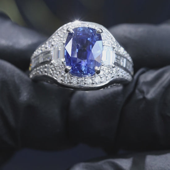 Natural Sapphire Diamond Pavé Three-Stone Ring 14K White Gold | 5.02 CT Houston Jeweler