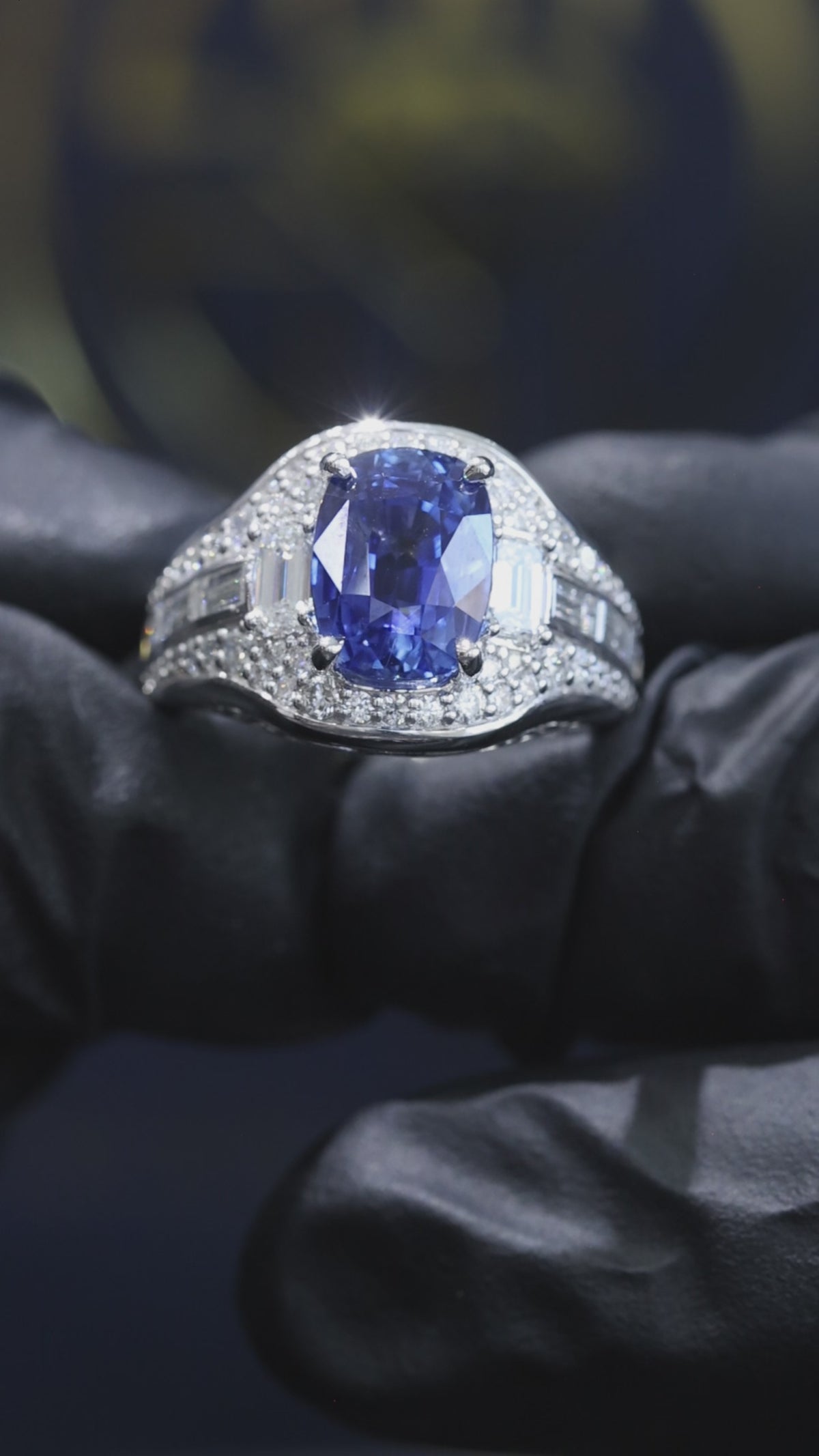 Natural Sapphire Diamond Pavé Three-Stone Ring 14K White Gold | 5.02 CT Houston Jeweler