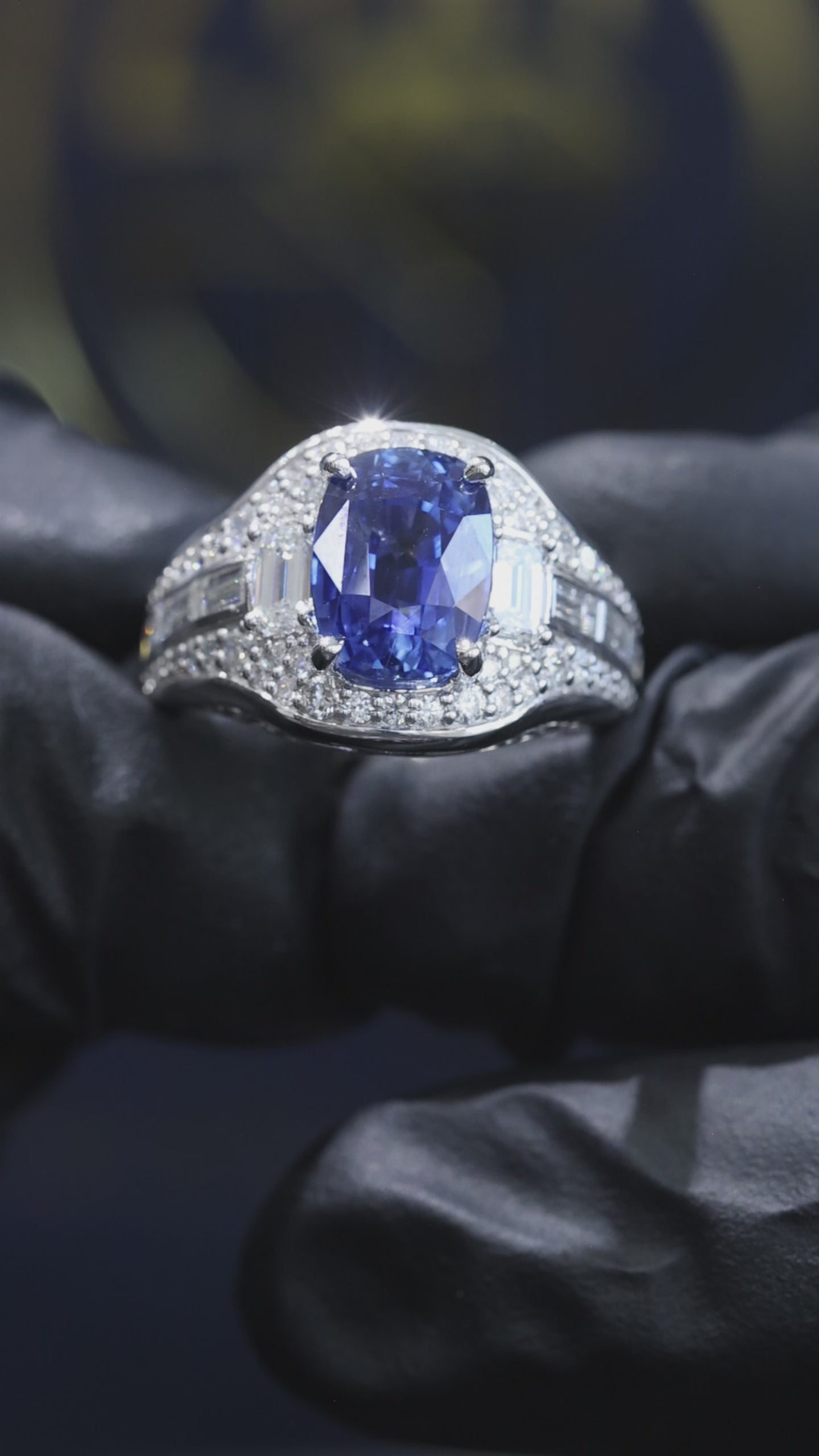 Natural Sapphire Diamond Pavé Three-Stone Ring 14K White Gold | 5.02 CT Houston Jeweler