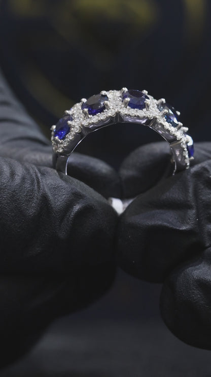 5 Stone Blue Sapphire & Diamond Half Eternity Band in White Gold | 3.05 CTW