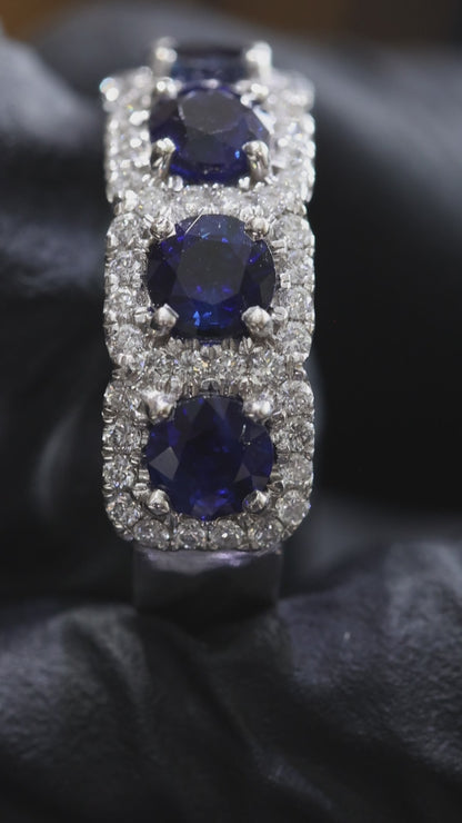 5 Stone Blue Sapphire & Diamond Half Eternity Band in White Gold | 3.05 CTW