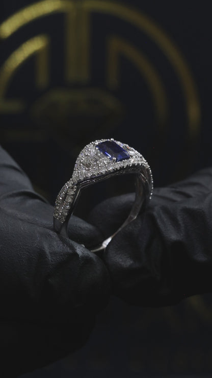 Sapphire & Diamond Halo Ring in White Gold | .60 CT Sapphire + .85 CTW Diamonds