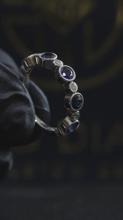 Bezel-Set Blue Sapphire & Diamond Half Eternity Band 14k White Gold| 1.45 CTW