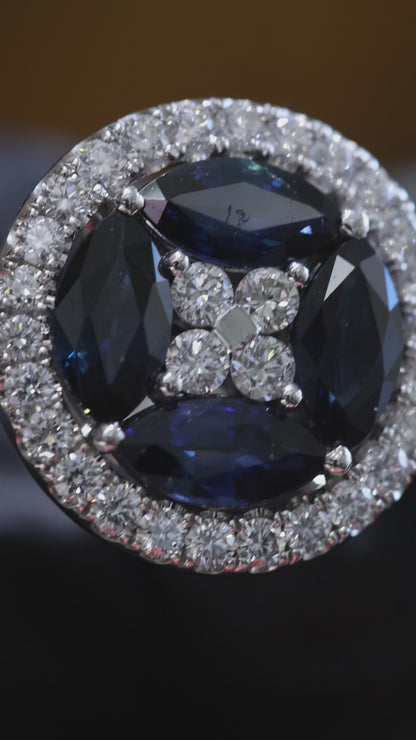 Natural Blue Sapphire & Diamond Halo Ring – 3.35 TCW